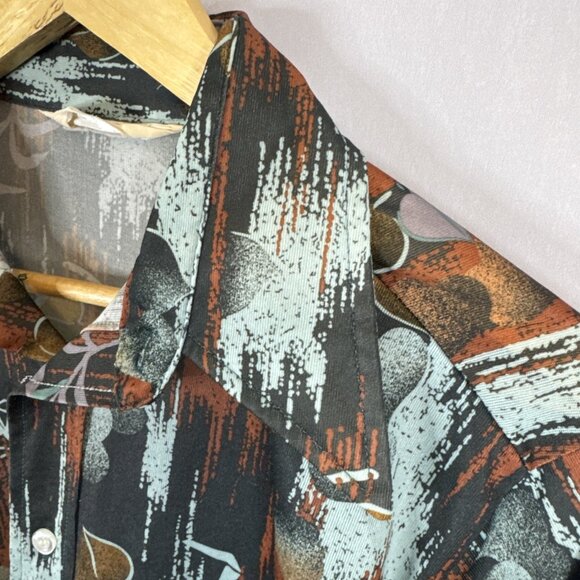 Vintage 70s Sears Disco Shirt Brown Blue Abstract Floral Long Collar Men 16.5 L - Picture 3 of 5